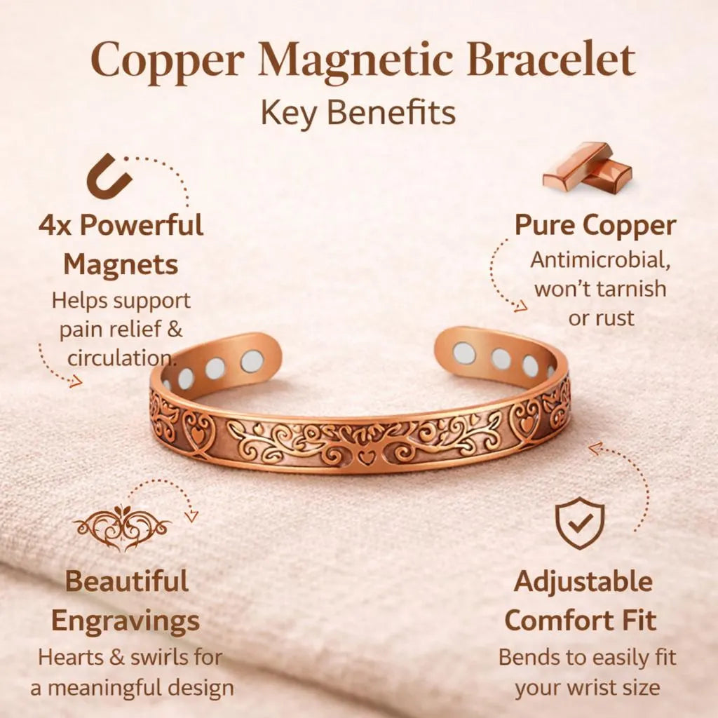 Magnetic Copper Bracelet for Women Adjustable Cuff, Engraved Copper Jewelry, Arthritis Relief Wristband, Healing Gift for Her